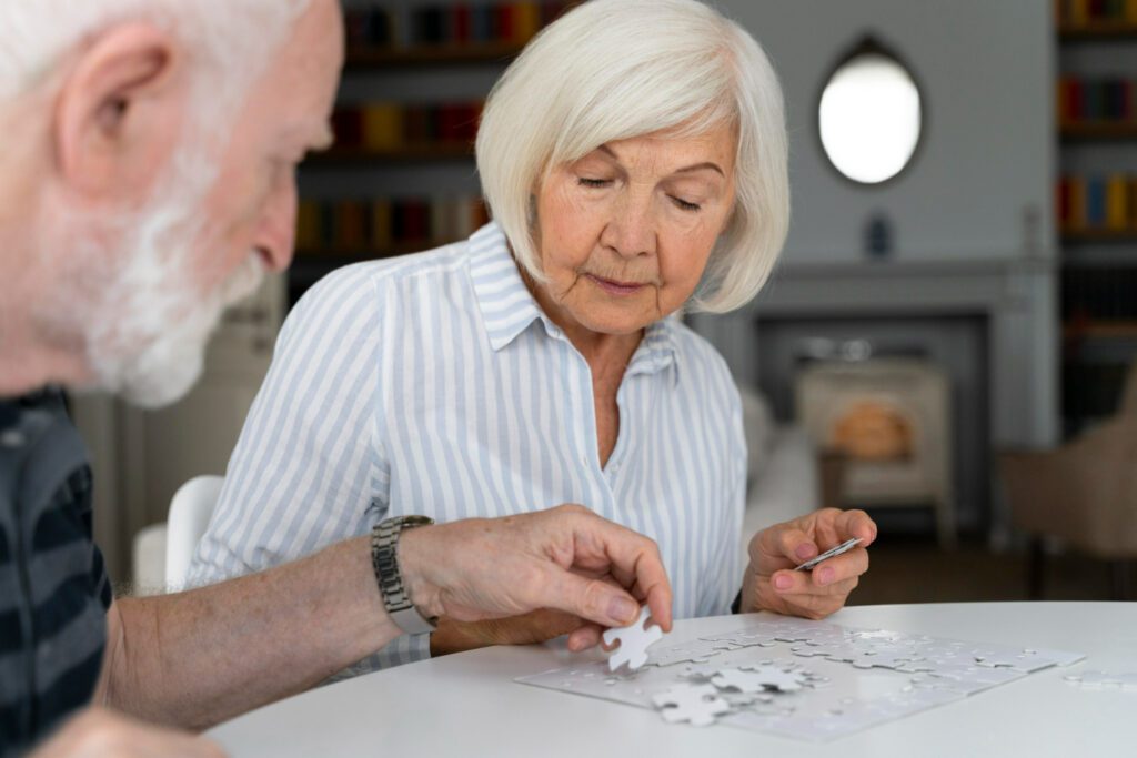 Seniors playing board games in retirement