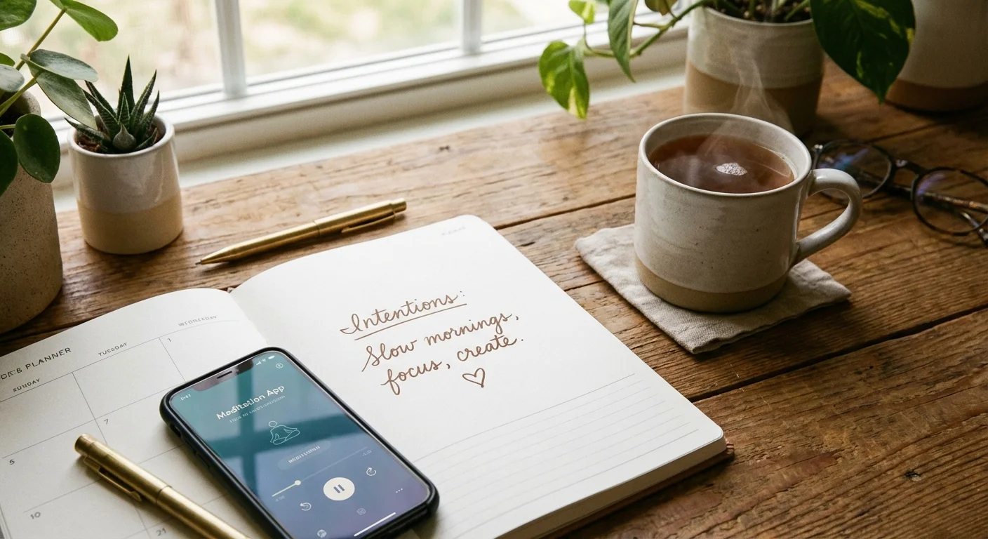 A close-up of a desk with a planner and smartphone, showing intentional planning for family time.