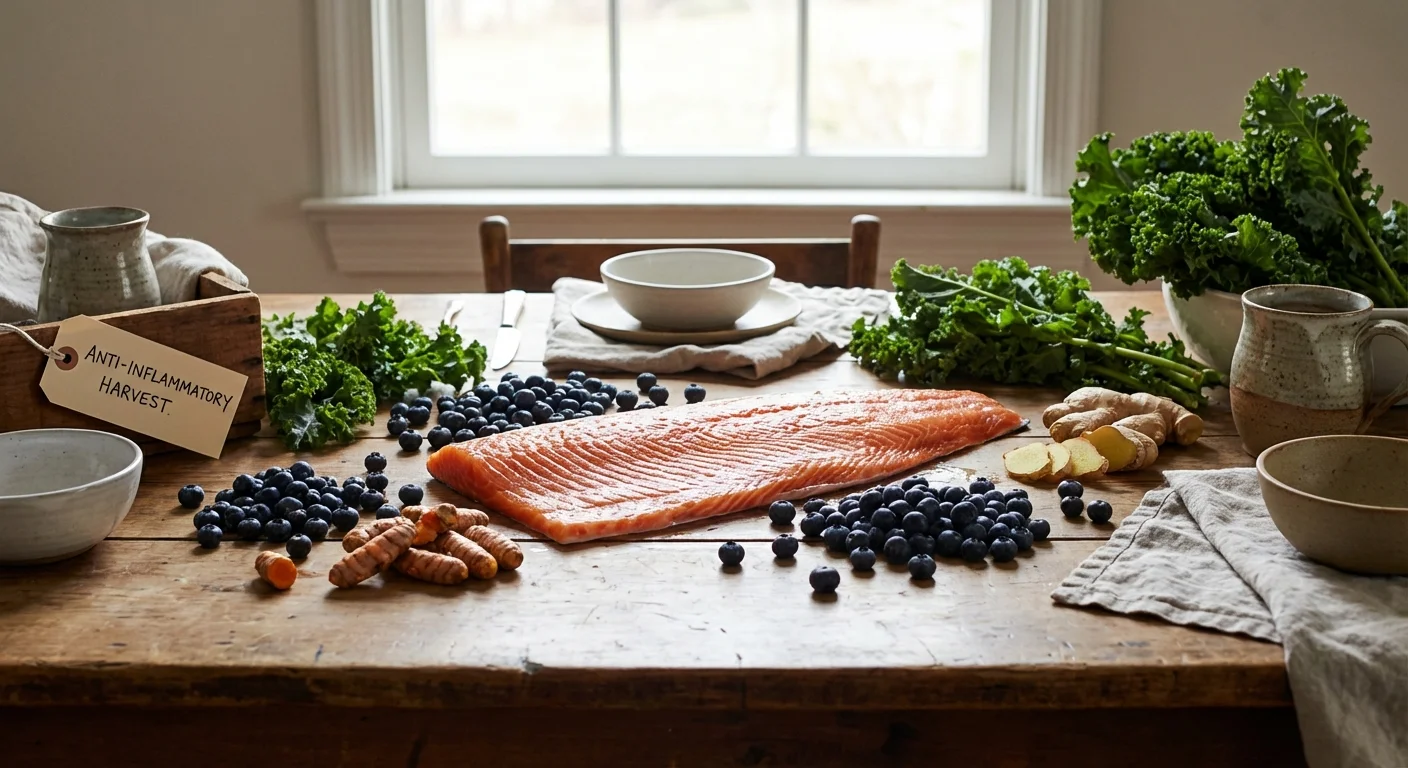 A collection of anti-inflammatory foods including salmon, berries, ginger, and greens on a wooden table.