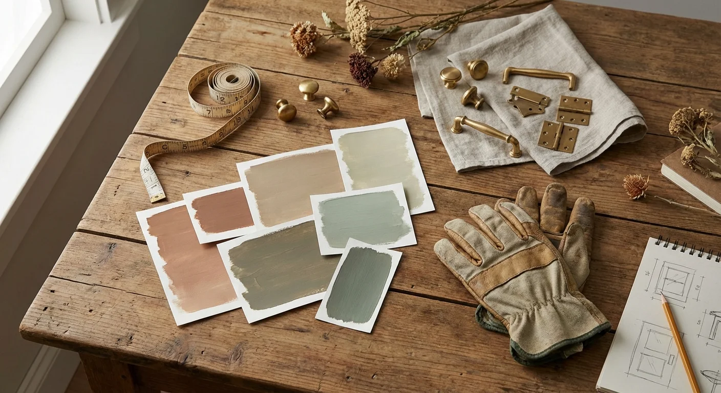 A collection of DIY project materials like paint swatches and tools on a wooden table.