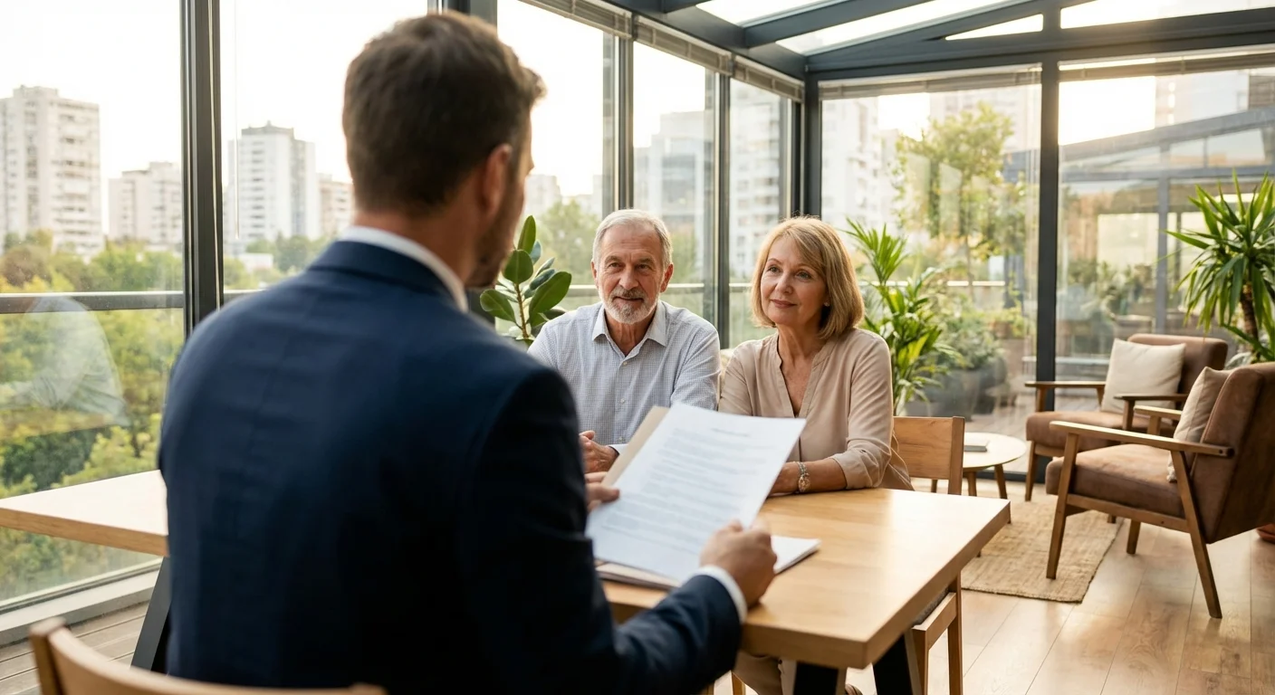 A couple meeting with a financial advisor in a bright, modern office.