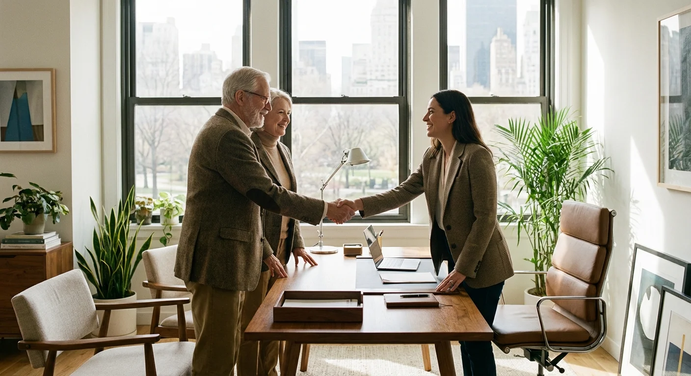 A couple meeting with a financial advisor in a bright office, representing the value of professional retirement guidance.