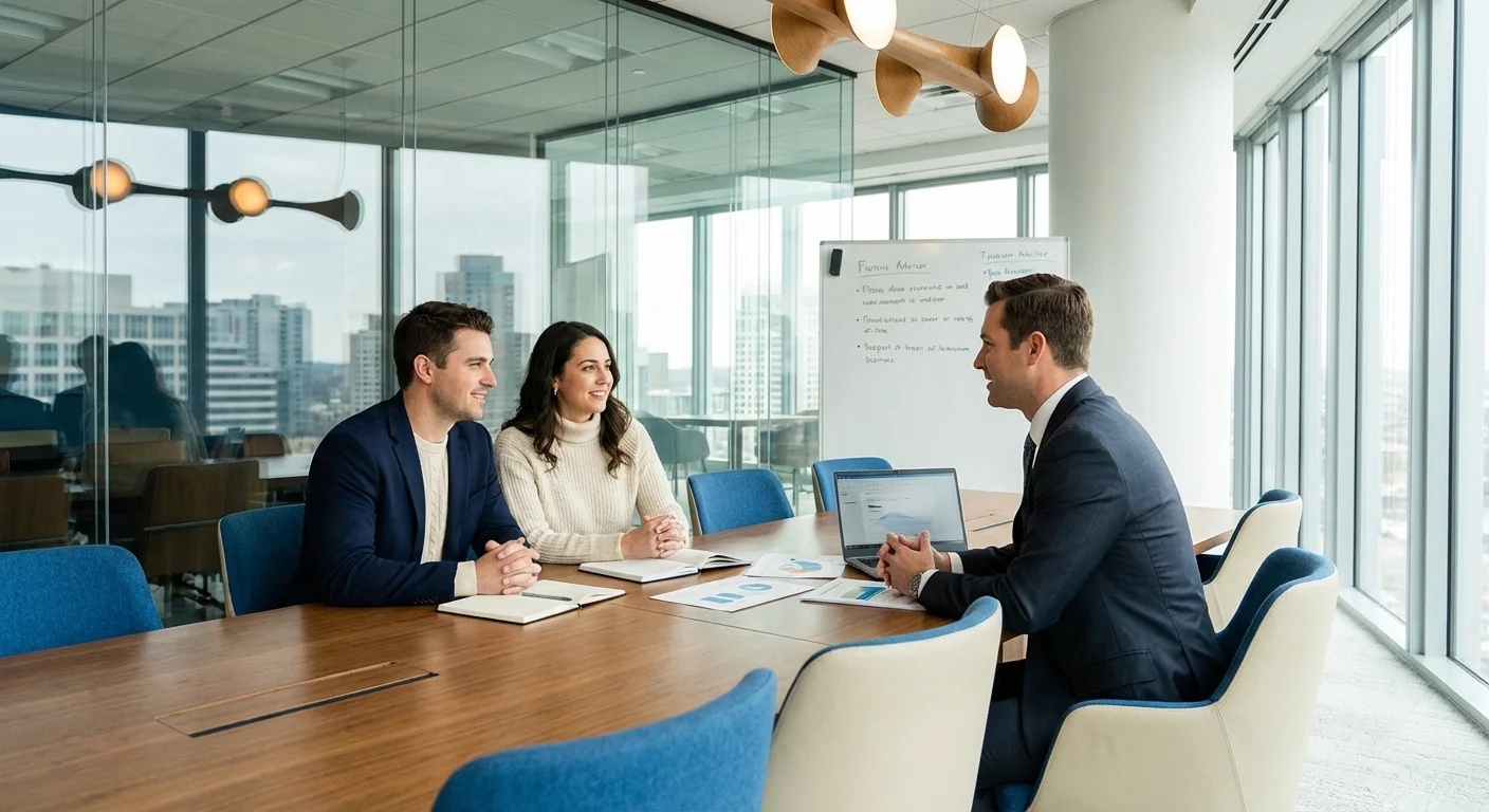 A couple meeting with a professional advisor in a bright, modern office setting.