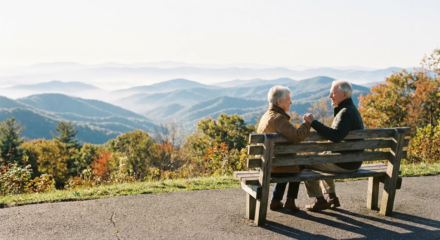 A couple sitting on a bench overlooking the Blue Ridge Mountains.