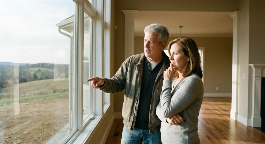 A couple thoughtfully discussing their options inside a bright, empty new home.