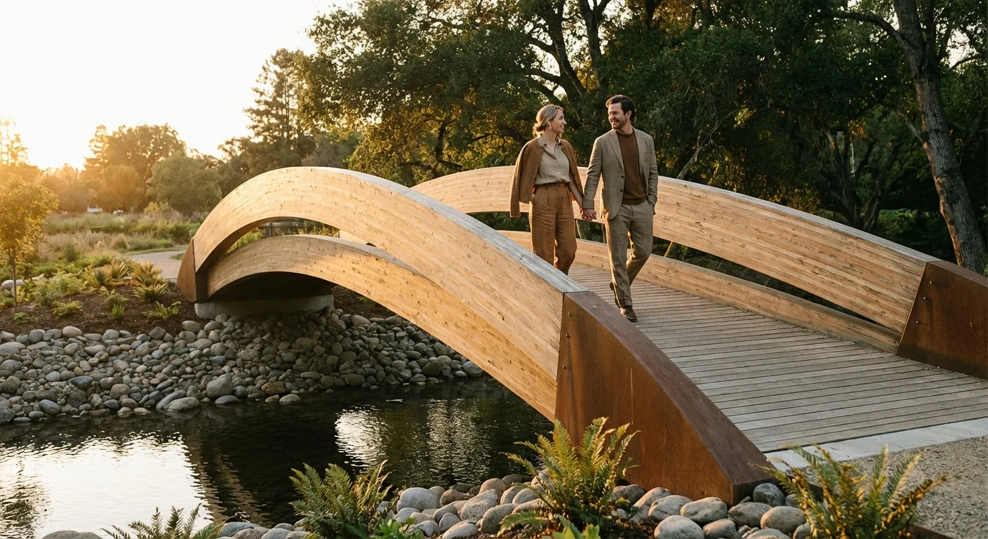 A couple walking across a wooden bridge, symbolizing the transition between employer insurance and Medicare.