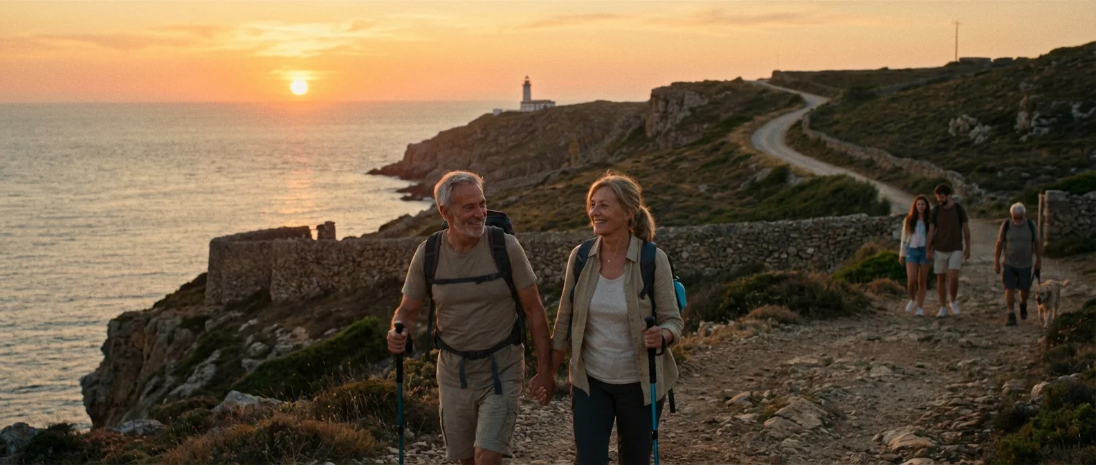 A couple walking on a coastal path at sunset, symbolizing the journey of retirement.