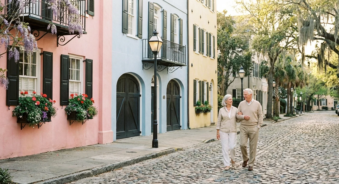 A couple walking past colorful historic homes in Charleston, South Carolina.