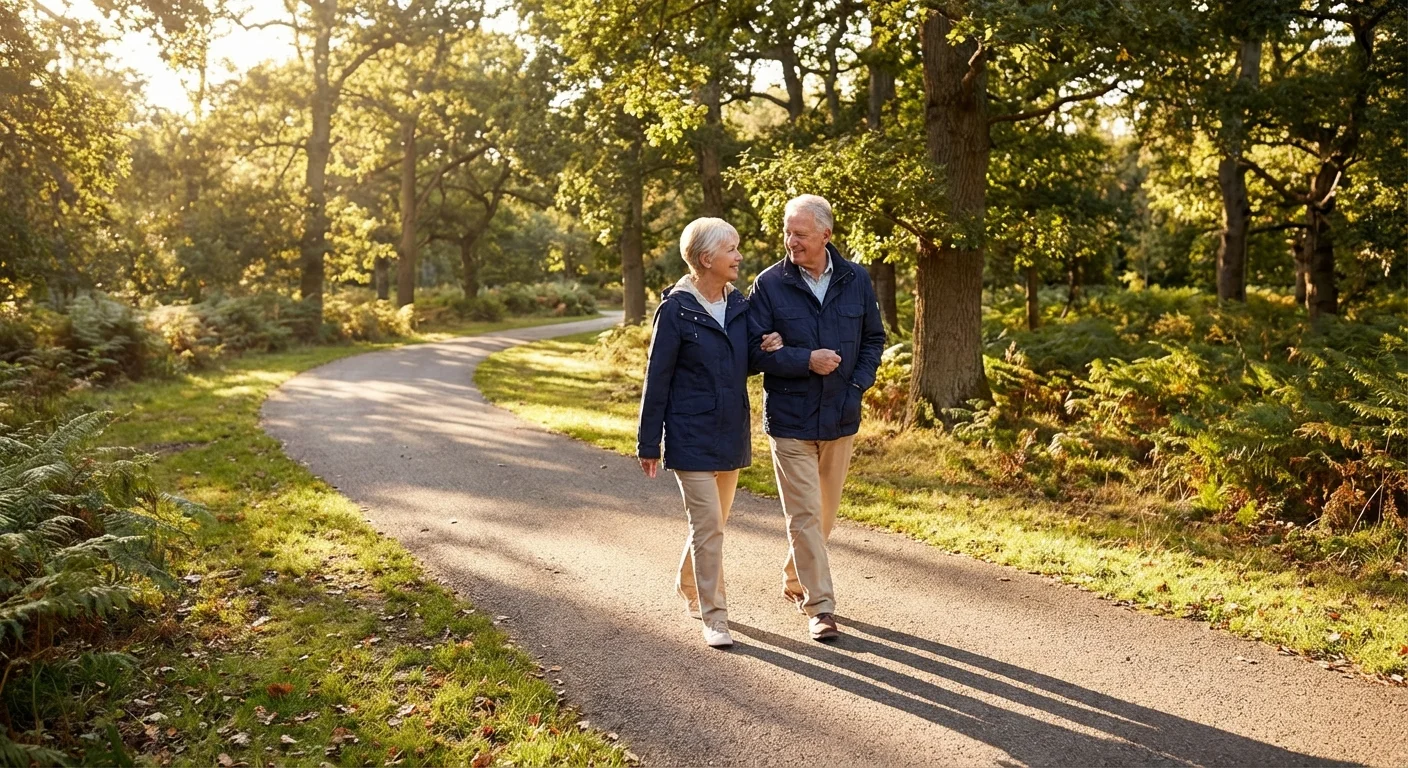 A couple walking together on a sunlit path, representing a steady financial journey.