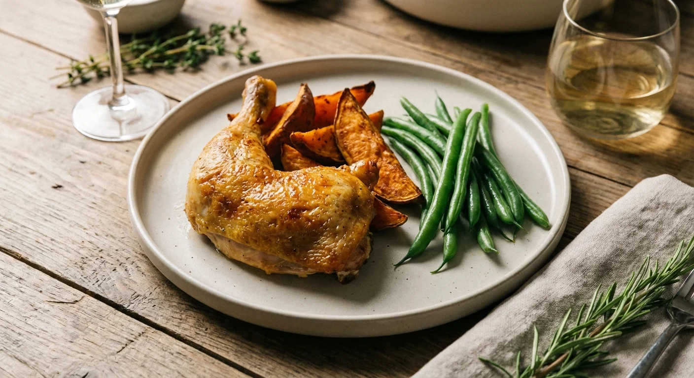 A delicious and balanced plate of roasted chicken and vegetables.