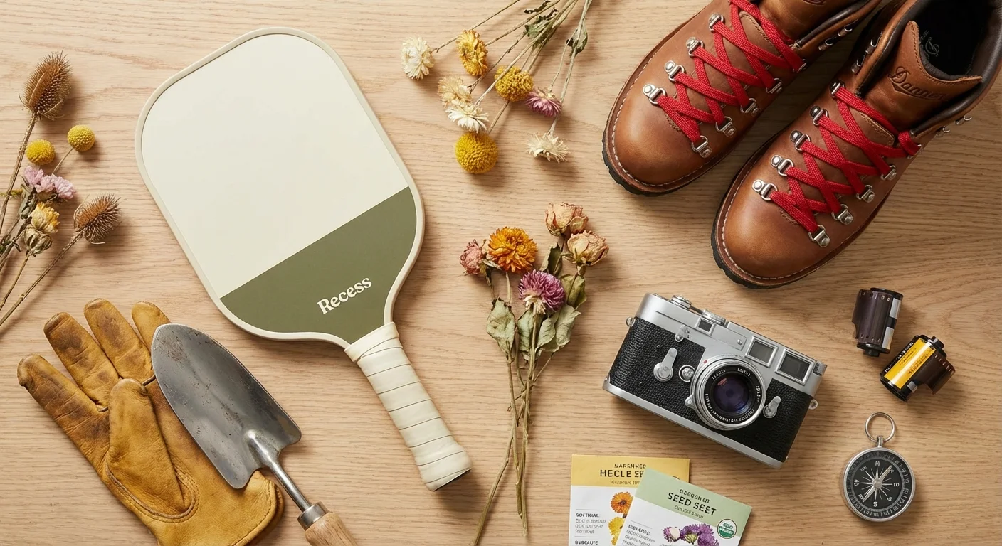 A flat lay of various hobby gear like a paddle, boots, and gloves.