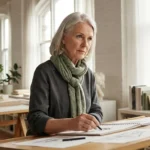A focused woman in her 60s sketching in a bright studio, representing mental sharpness in retirement.