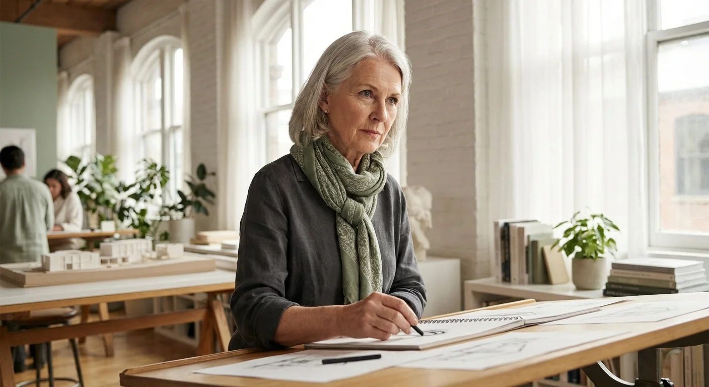 A focused woman in her 60s sketching in a bright studio, representing mental sharpness in retirement.