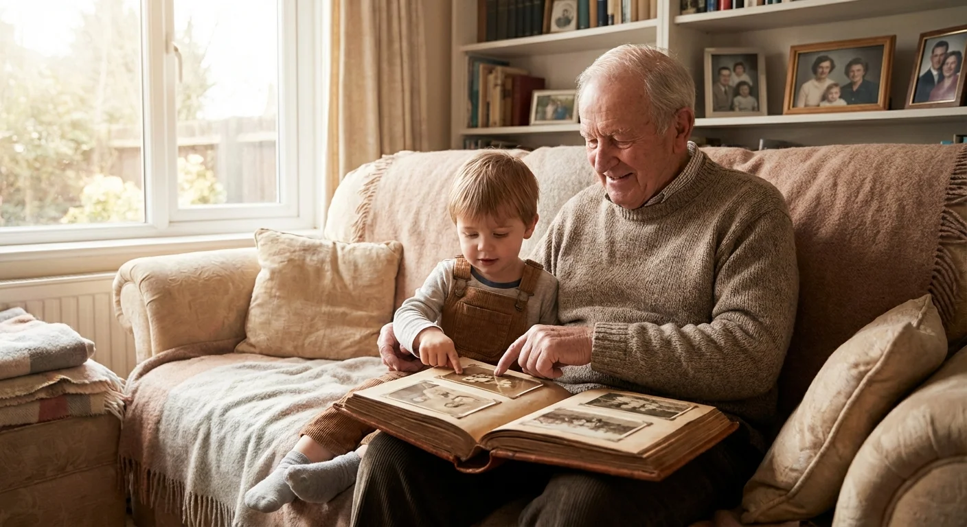 A grandfather and grandchild sharing a moment over a photo album, representing family legacy.