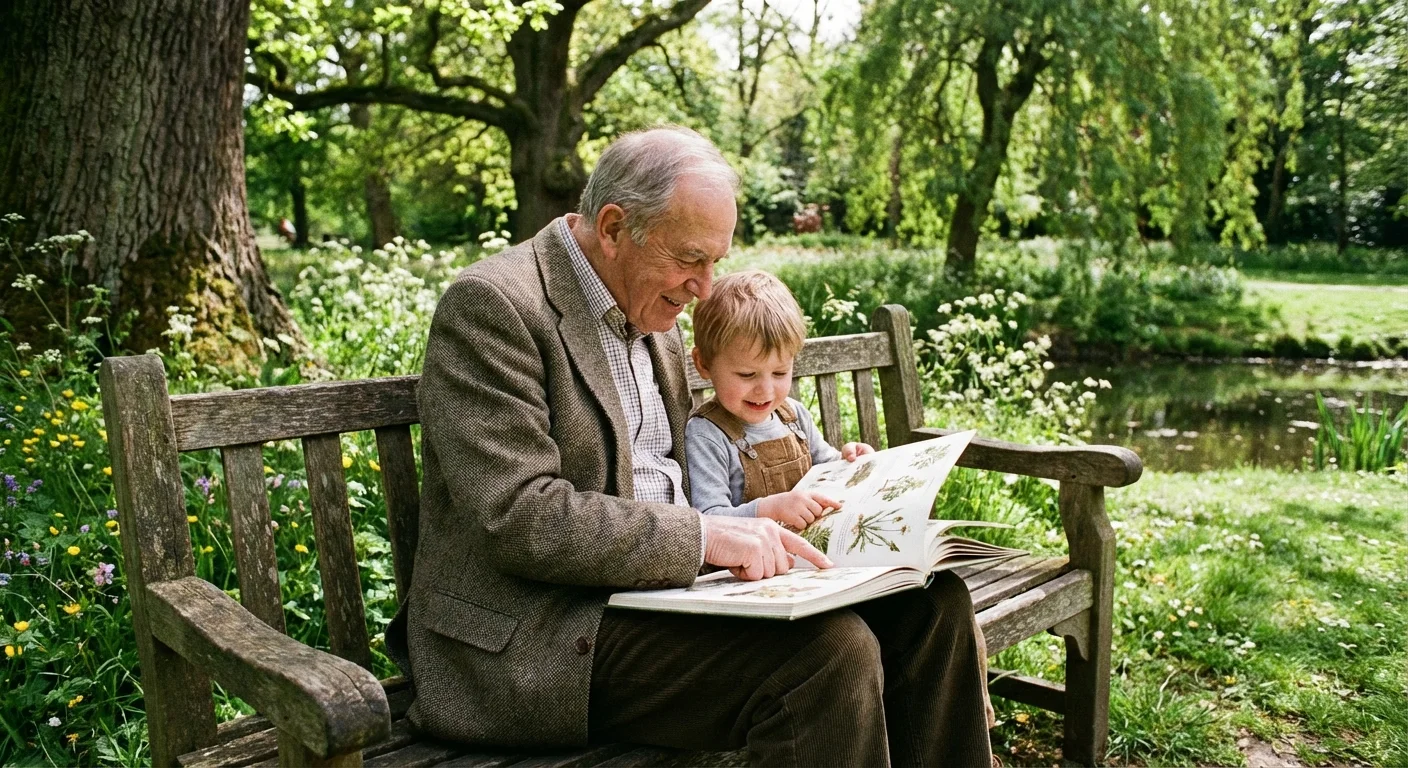 A grandfather and grandchild sitting on a bench and reading a book together outdoors.
