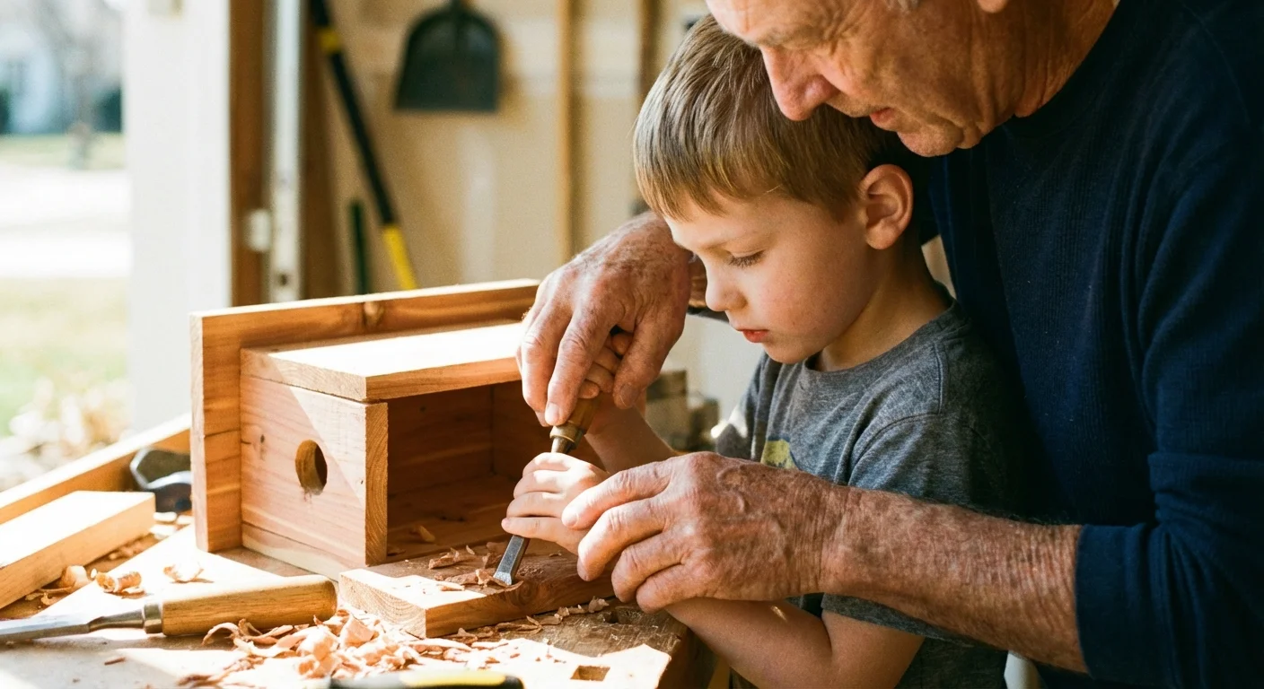 A grandfather and grandson building a birdhouse together in a workshop.