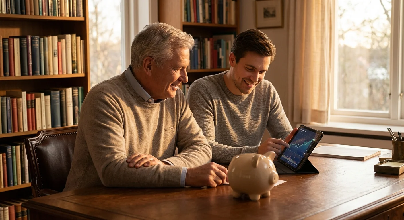 A grandfather and grandson discussing savings and future plans.