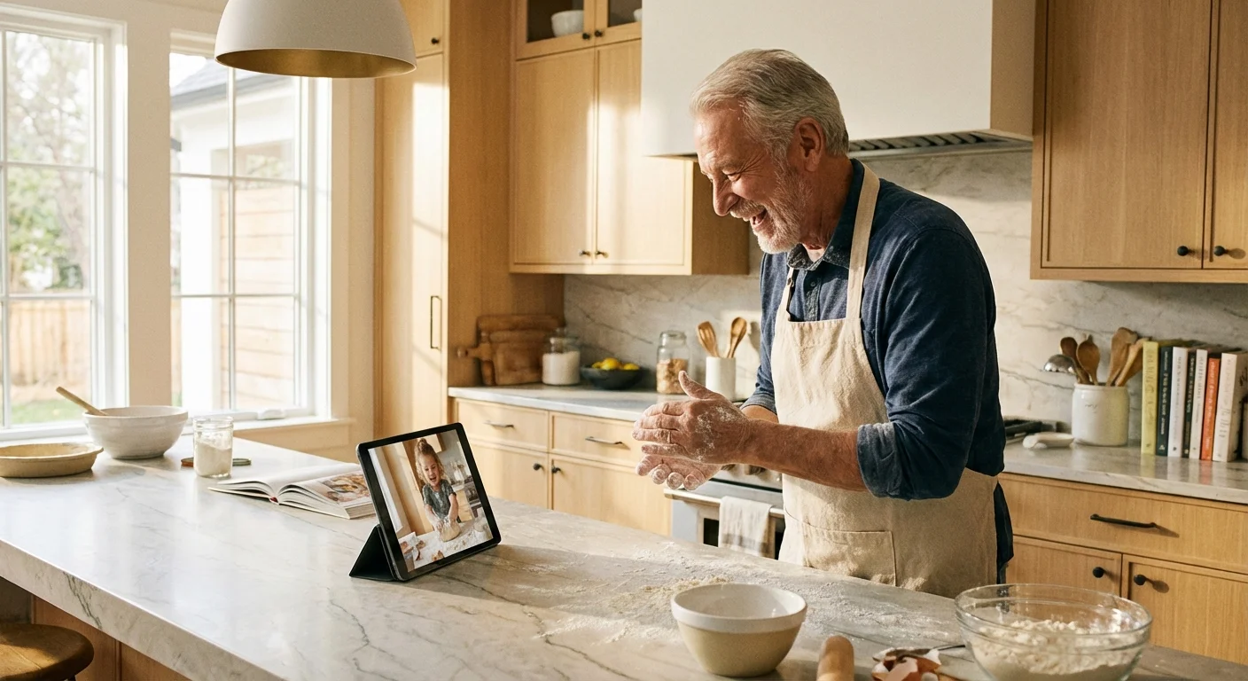 A grandfather baking in his kitchen while following along with his grandchild via a video call on a tablet.