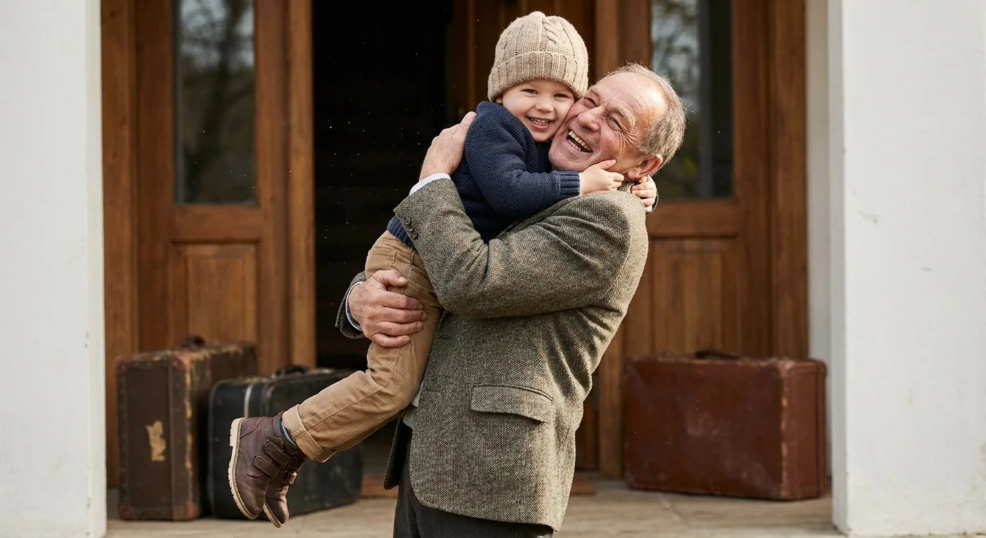 A grandfather hugging his grandchild tightly at the front door after a long trip.
