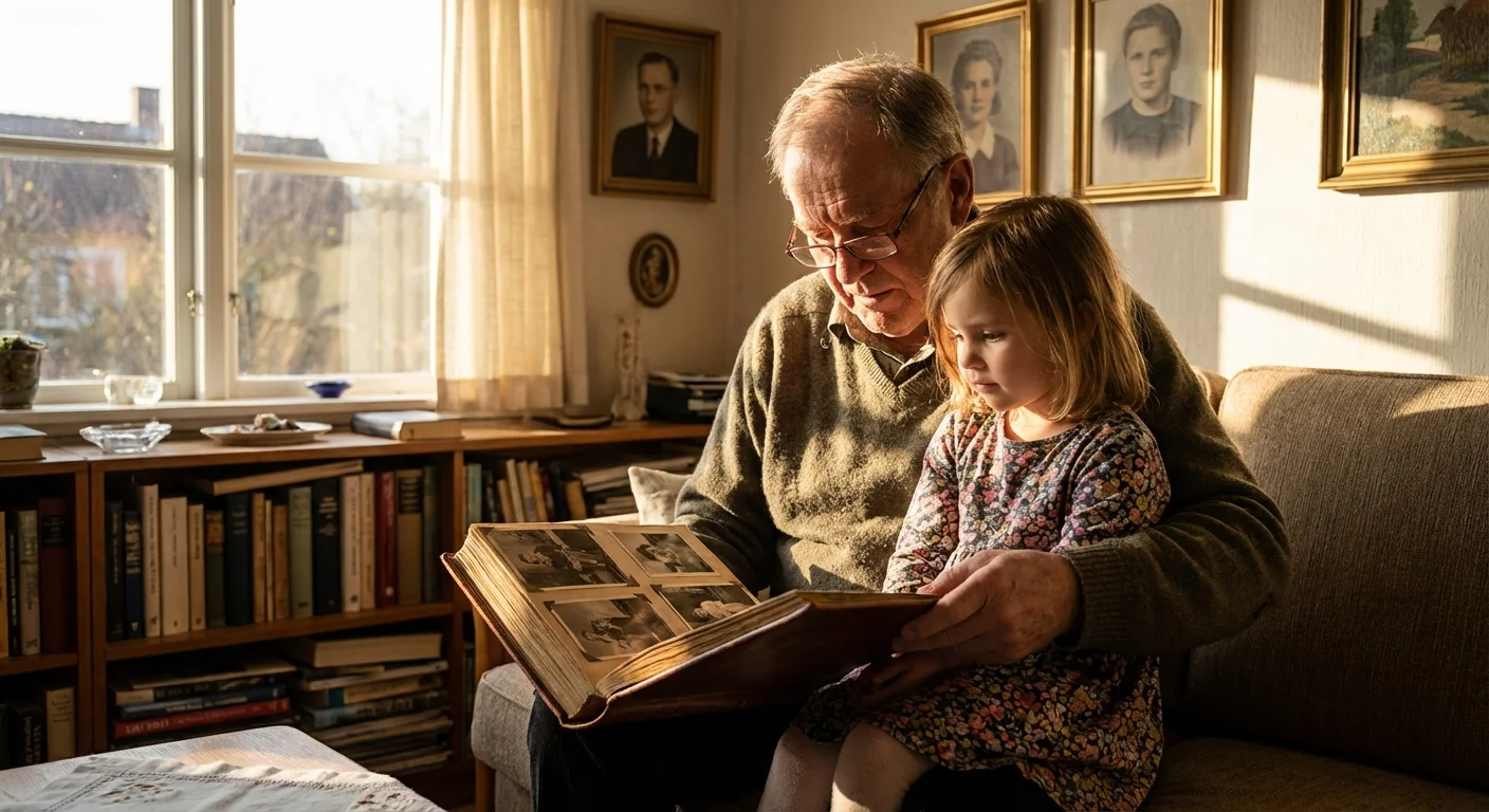 A grandfather showing an old family photo album to his young granddaughter.