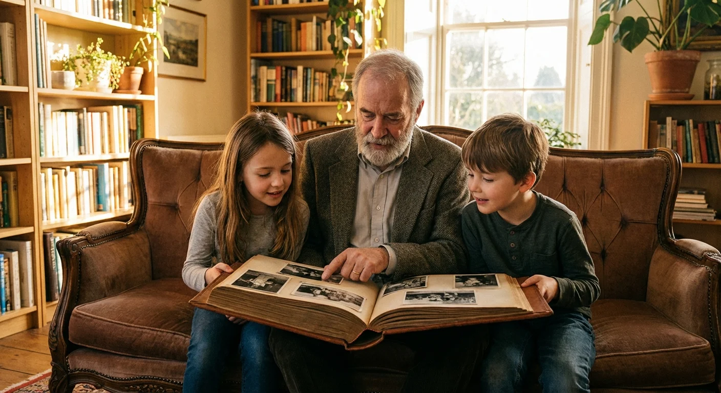A grandfather showing an old photo album to his grandchildren.