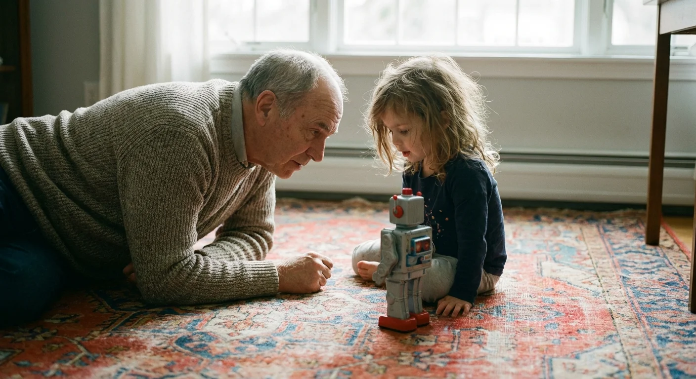 A grandfather sitting on the floor listening to his young granddaughter play.