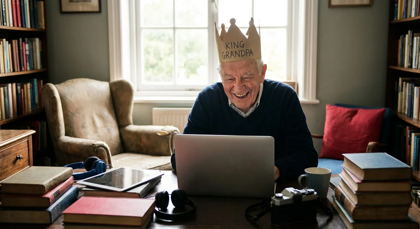 A grandfather wearing a paper crown while laughing during a video call on his laptop.