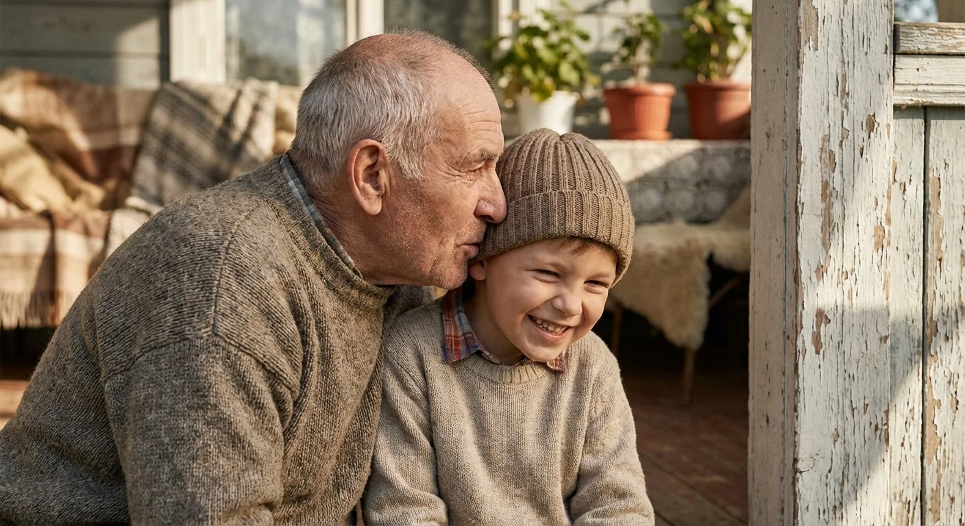 A grandfather whispering to his grandson on a wooden porch.