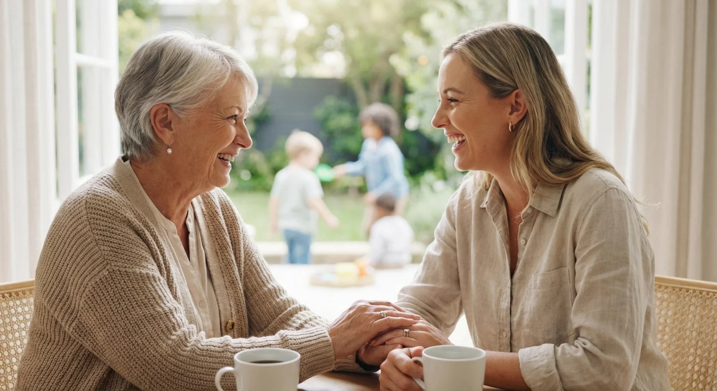 A grandmother and adult daughter talking kindly in a bright kitchen.