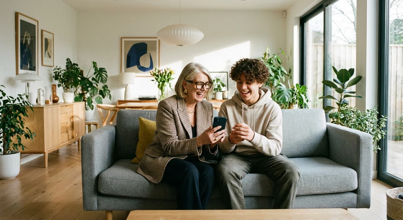 A grandmother and her teenage grandson laughing together while looking at a smartphone.