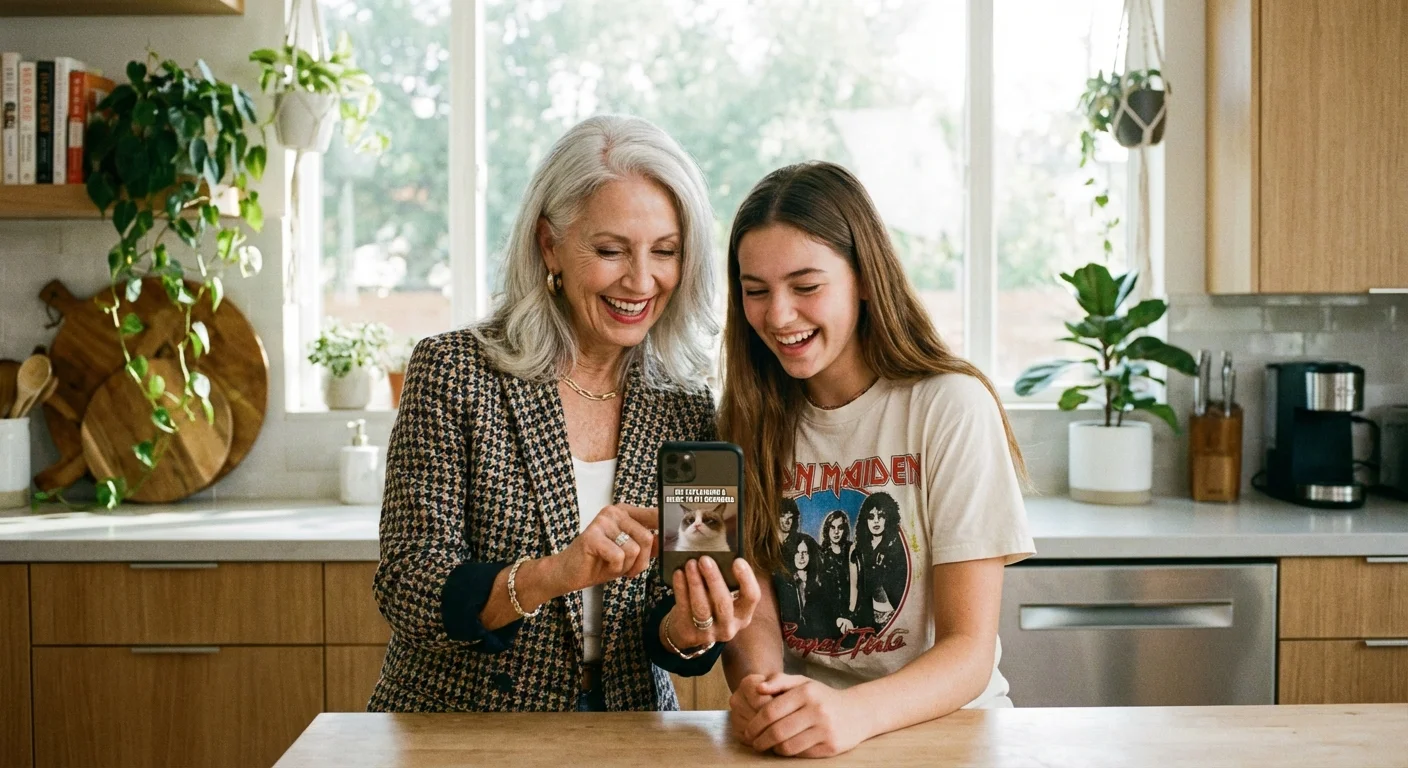 A grandmother and teenage granddaughter looking at a smartphone together.