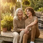 A grandmother and teenage grandson laughing together outdoors during golden hour.
