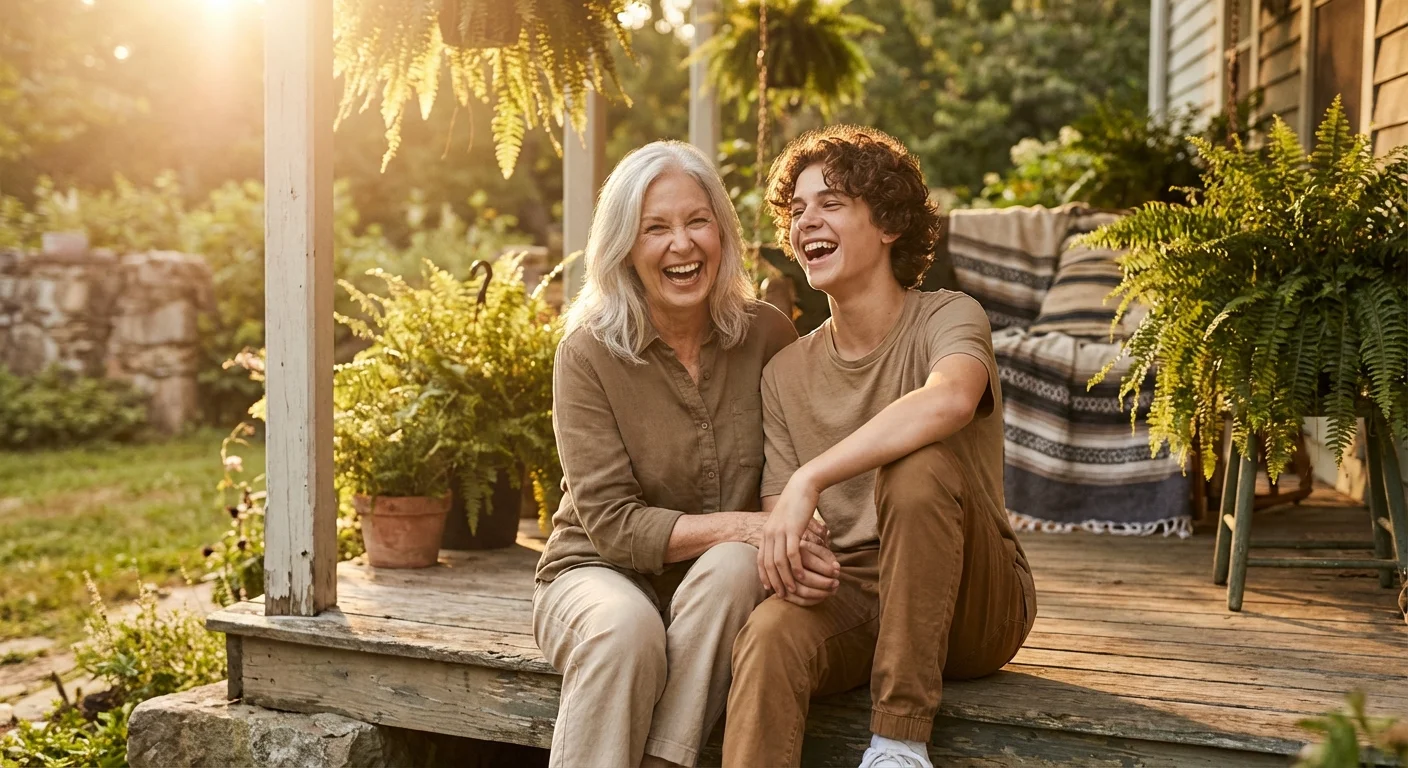 A grandmother and teenage grandson laughing together outdoors during golden hour.