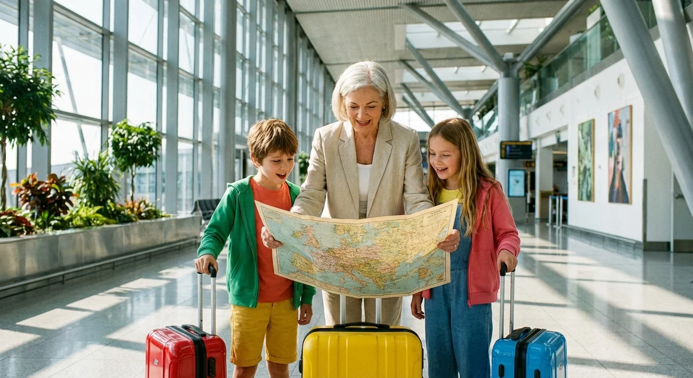 A grandmother and two grandchildren with luggage in an airport, looking at a map.