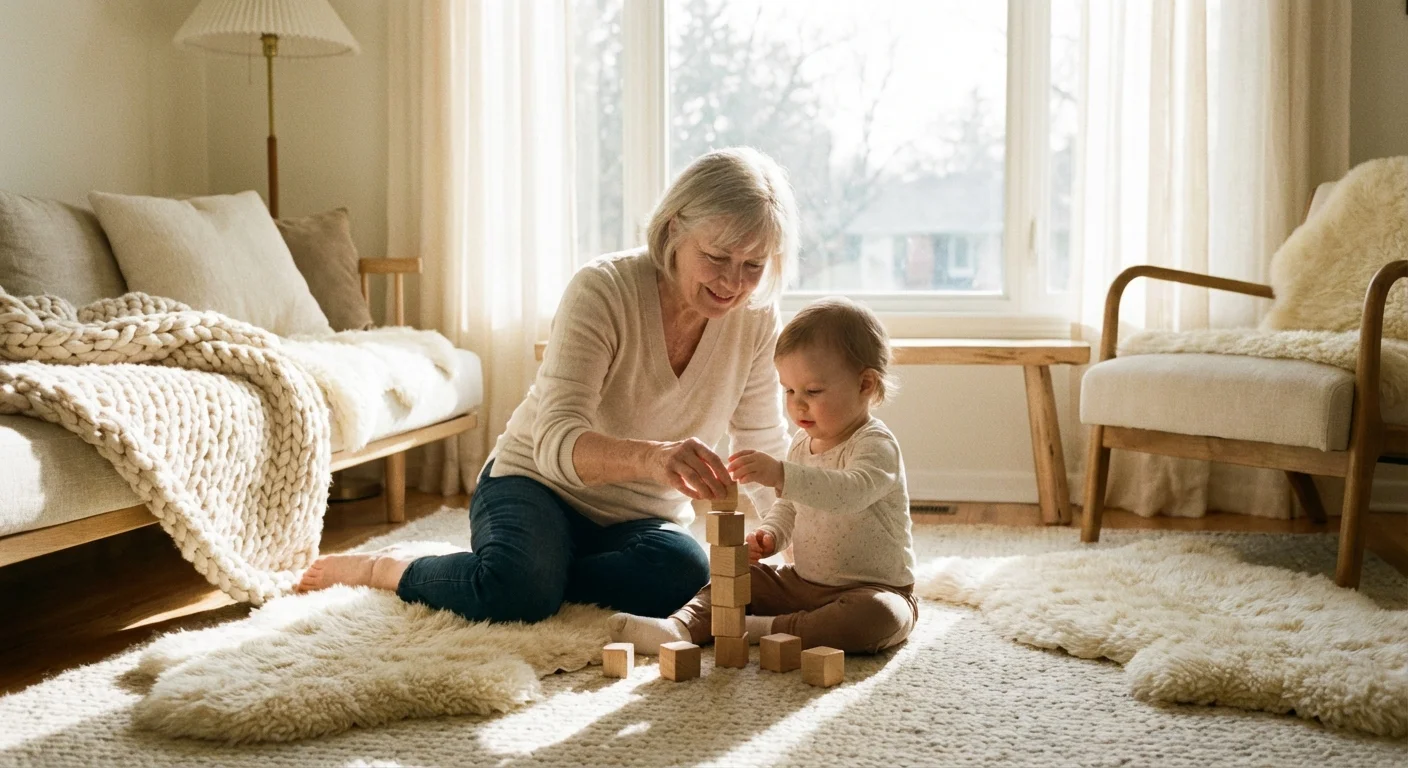 A grandmother playing with wooden blocks with her toddler grandson.