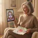 A grandmother smiling at a tablet during a video call while holding a child's drawing in a sunlit room.