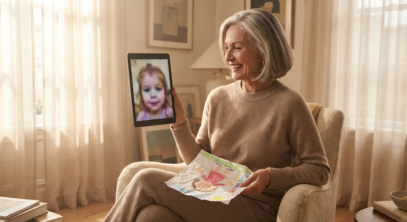 A grandmother smiling at a tablet during a video call while holding a child's drawing in a sunlit room.