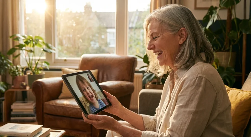 A grandmother smiling during a video call with her grandchild on a tablet in a warm, sunlit living room.