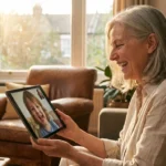 A grandmother smiling during a video call with her grandchild on a tablet in a warm, sunlit living room.