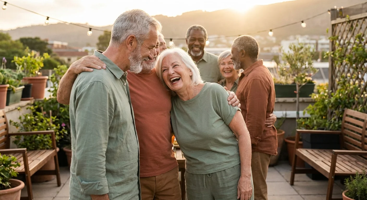A group of active seniors enjoying a social gathering outdoors, smiling and laughing.