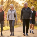 A group of happy, active retirees walking together in a sunny park, representing a fulfilling lifestyle.
