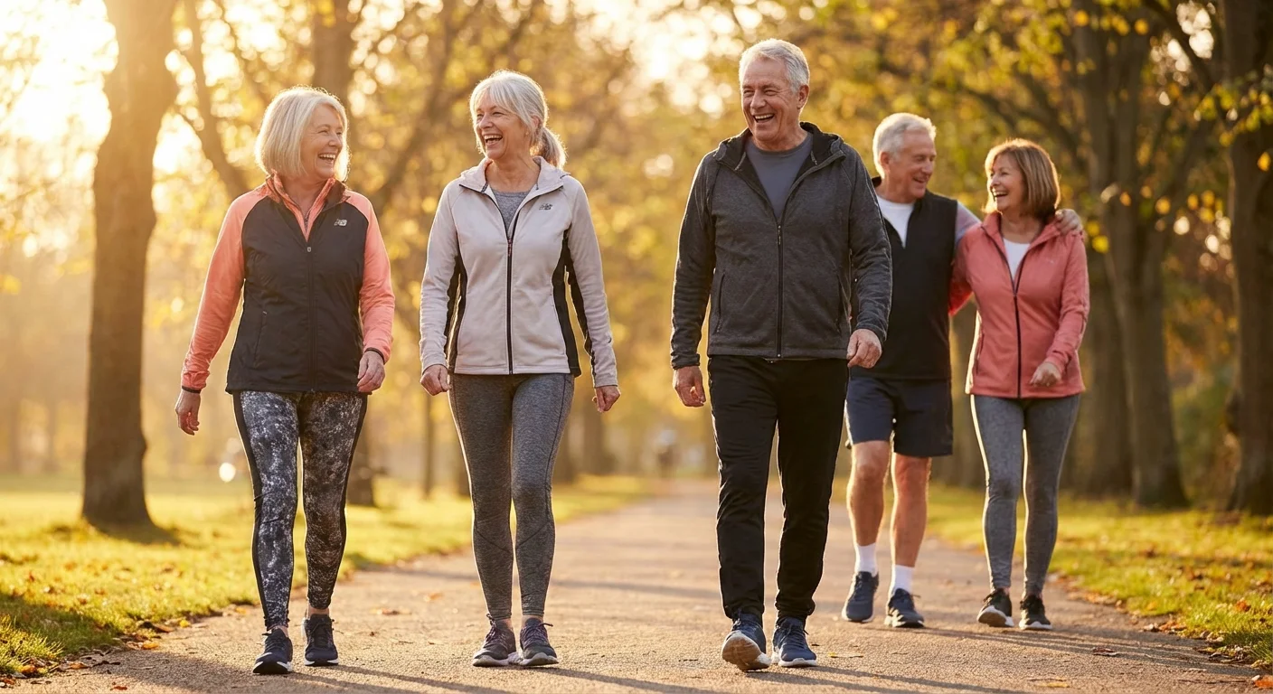 A group of happy, active retirees walking together in a sunny park, representing a fulfilling lifestyle.