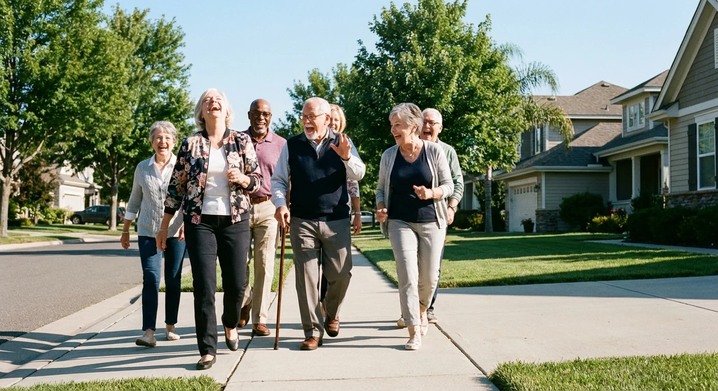 A group of retired friends walking together outdoors, highlighting the social and physical benefits of walking.