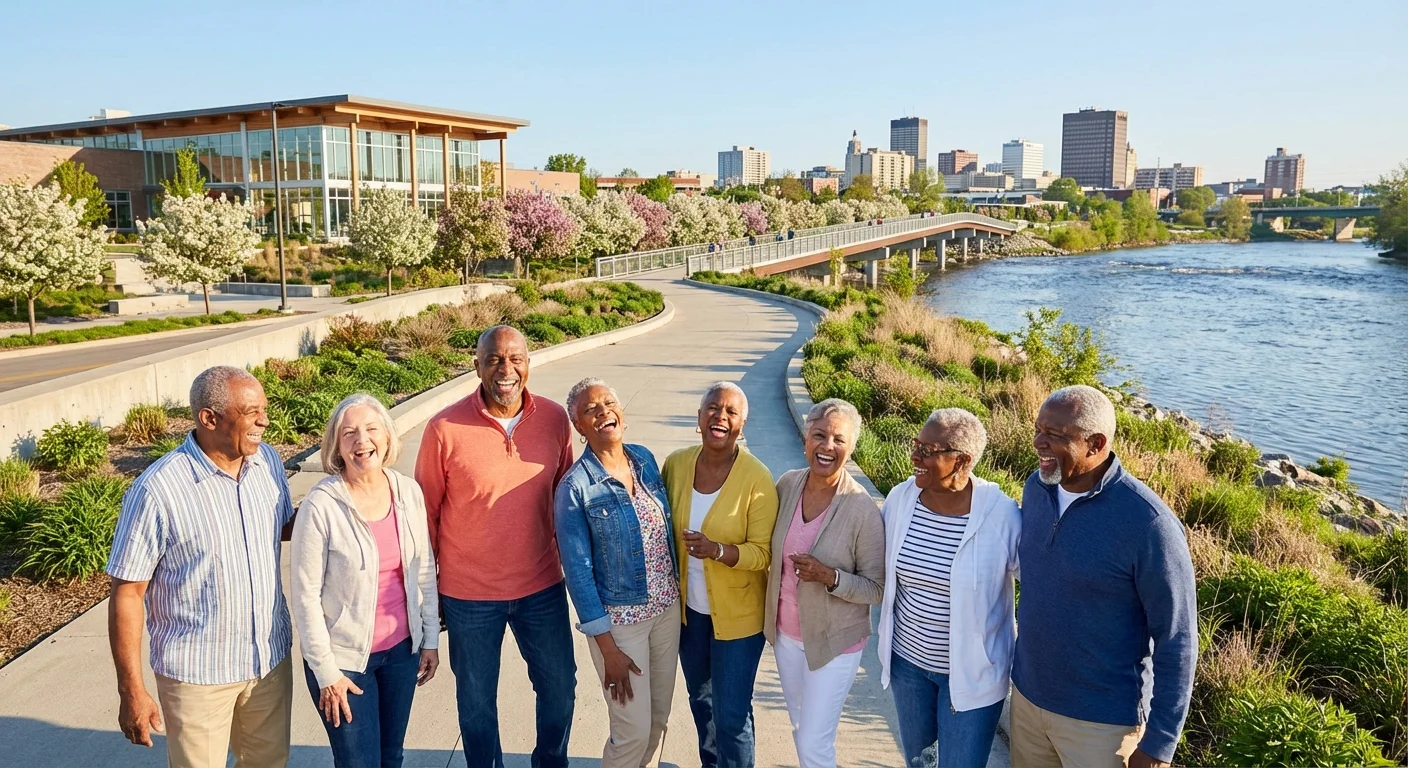 A group of senior friends enjoying a scenic riverfront walk in a budget-friendly city.