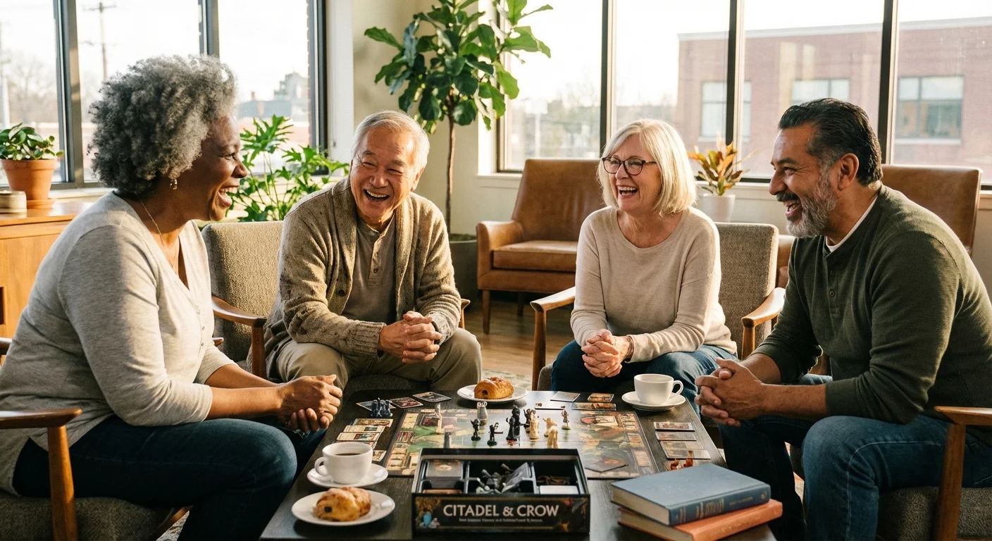 A group of seniors laughing and playing a board game together in a bright room.