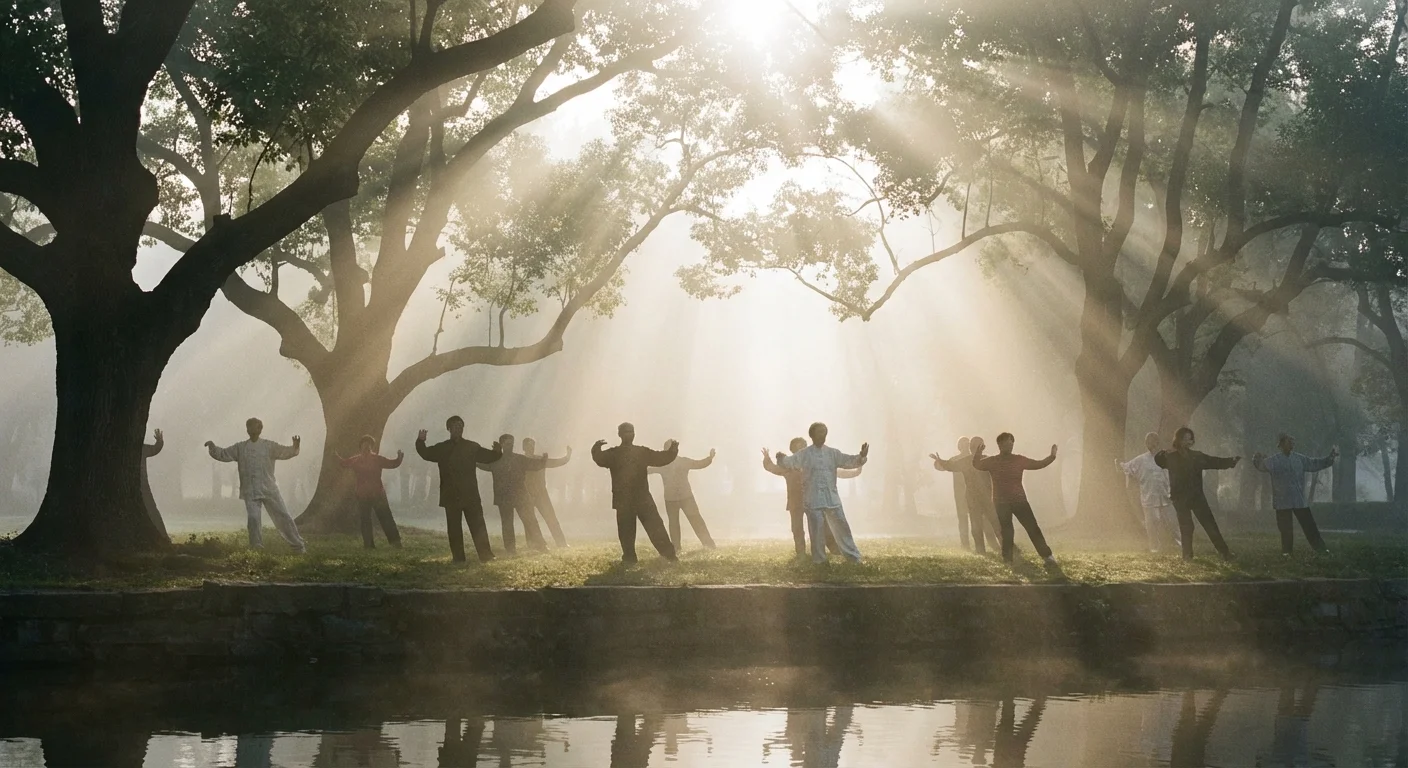 A group of seniors practicing Tai Chi in a peaceful park during sunrise.