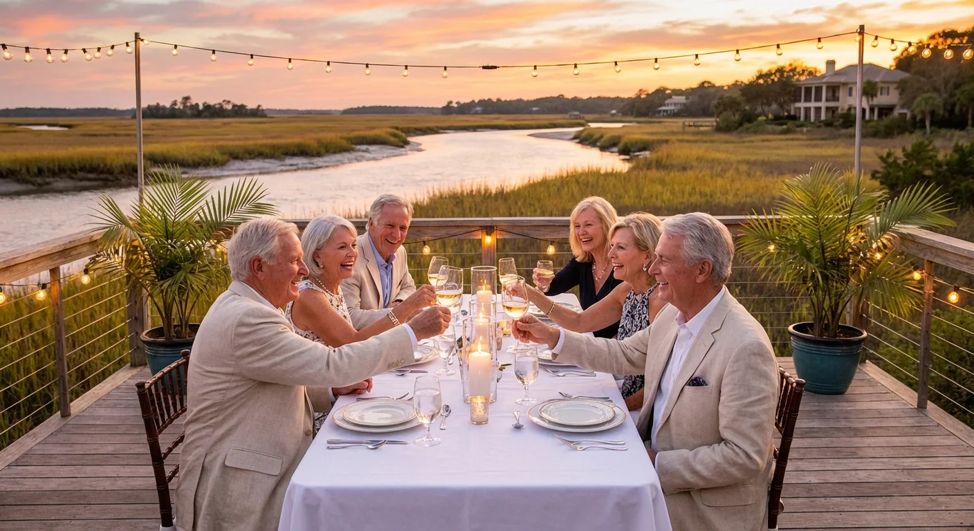 A group of seniors sharing a meal outdoors in a beautiful South Carolina setting at sunset.
