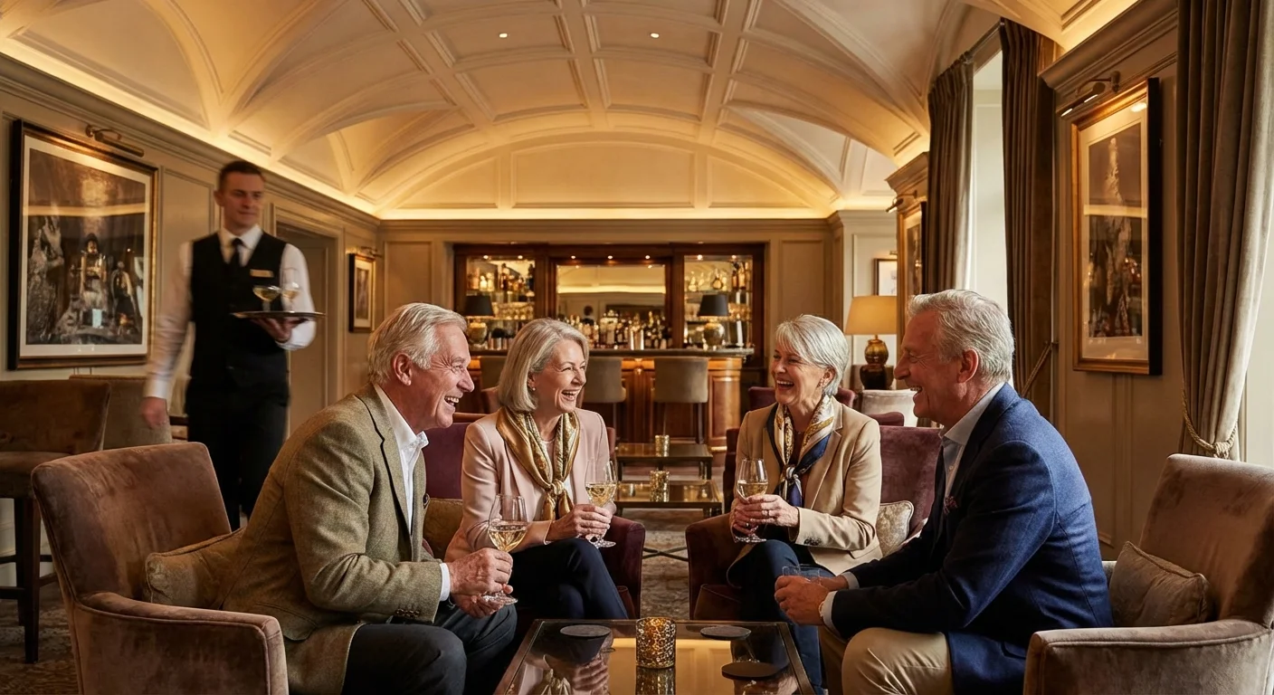 A group of seniors socializing in a high-end independent living common area.