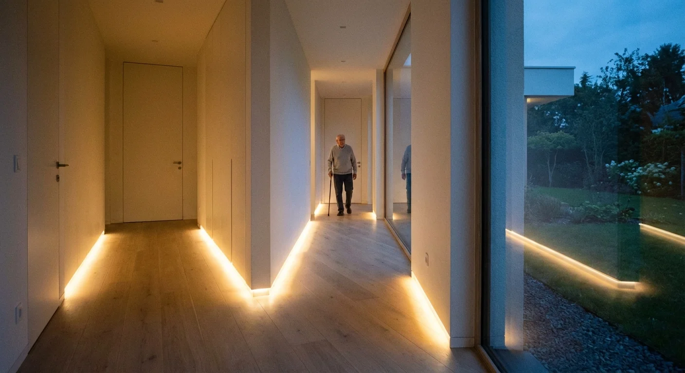 A hallway featuring motion-sensor nightlights for senior safety and fall prevention.