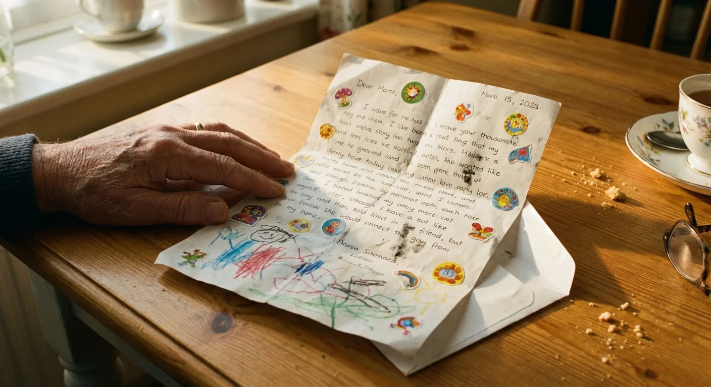A handwritten child's letter with stickers lying on a wooden kitchen table.
